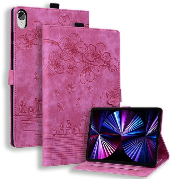 FJLBDE Case for Lenovo Tab P11 11.0 Inch TB-J606F with Stand, Card Slot, Embossed Cat PU Leather Cover, Rose