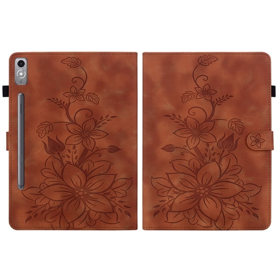 FJLBDE Case for Lenovo Tab P12 12.7 inch 2023 TB370FU, Embossed Flower PU Leather Flip Wallet Folio Stand Cover, Brown