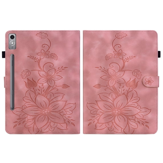 FJLBDE Case for Lenovo Tab P12 12.7 inch 2023 TB370FU, Embossed Flower PU Leather Flip Wallet Folio Stand Cover, Pink