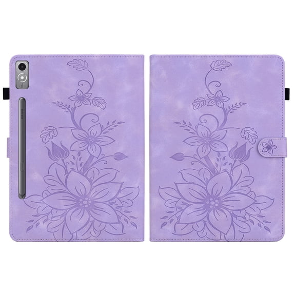 FJLBDE Case for Lenovo Tab P12 12.7 inch 2023 TB370FU, Embossed Flower PU Leather Flip Wallet Folio Stand Cover, Purple