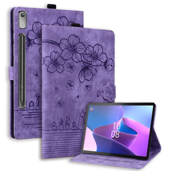 FJLBDE Case for Lenovo Tab P12/Xiaoxin Pad Pro 12.7 Inch 2025 with Stand, Card Slot, Embossed Cat PU Leather Cover, Purple