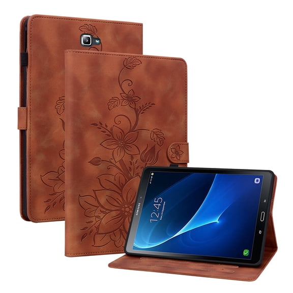FJLBDE Case for Samsung Galaxy Tab A 10.1 2016 SM-T580 T585 T587, Embossed Flower PU Leather Flip Wallet Folio Stand Cover, Brown