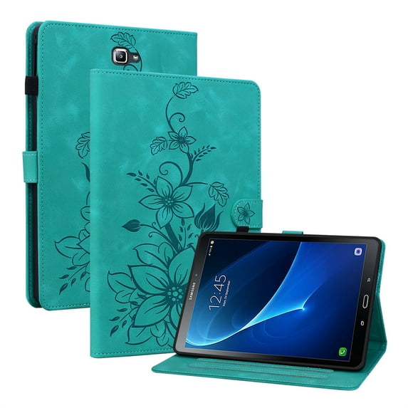 FJLBDE Case for Samsung Galaxy Tab A 10.1 2016 SM-T580 T585 T587, Embossed Flower PU Leather Flip Wallet Folio Stand Cover, Green