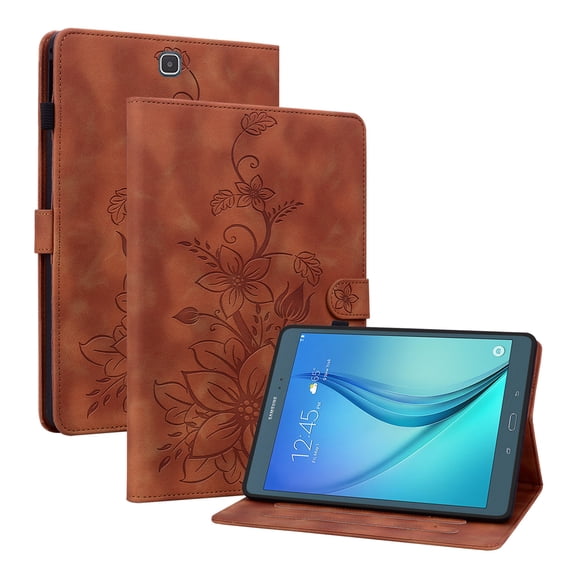 FJLBDE Case for Samsung Galaxy Tab A 9.7 Inch 2015 SM-T550 T555, Embossed Flower PU Leather Flip Wallet Folio Stand Cover, Brown