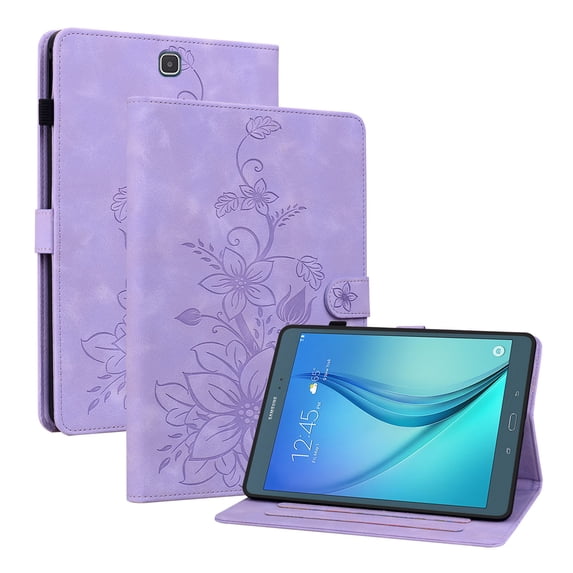 FJLBDE Case for Samsung Galaxy Tab A 9.7 Inch 2015 SM-T550 T555, Embossed Flower PU Leather Flip Wallet Folio Stand Cover, Purple