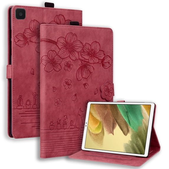 Case for Samsung Galaxy Tab A7 Lite 8.7 inch 2021 (SM-T220/T225) with Stand, Card Slot, Embossed Cat PU Leather Cover, Red