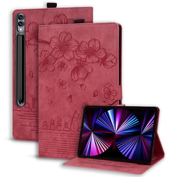 FJLBDE Case for Samsung Galaxy Tab S10 FE+/FE Plus 13.1 inch SM-X620/X626B with Stand, Card Slot, Embossed Cat PU Leather Cover, Red