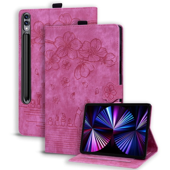 FJLBDE Case for Samsung Galaxy Tab S10 FE+/FE Plus 13.1 inch SM-X620/X626B with Stand, Card Slot, Embossed Cat PU Leather Cover, Rose