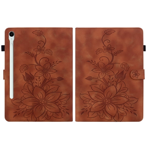 FJLBDE Case for Samsung Galaxy Tab S10 FE+/ S10 FE Plus 13.1 Inch 2025, Embossed Flower PU Leather Flip Wallet Folio Stand Cover, Brown