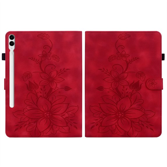 FJLBDE Case for Samsung Galaxy Tab S10 Plus/ S9 FE+ 12.4 Inch, Embossed Flower PU Leather Flip Wallet Folio Stand Cover, Red
