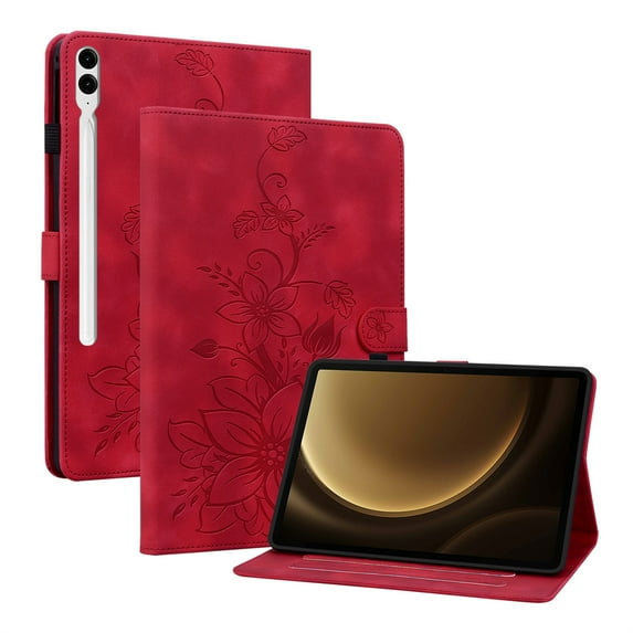 FJLBDE Case for Samsung Galaxy Tab S10 Plus/ S9 FE+ 12.4 Inch, Embossed Flower PU Leather Flip Wallet Folio Stand Cases Cover with Pencil Holder, Red