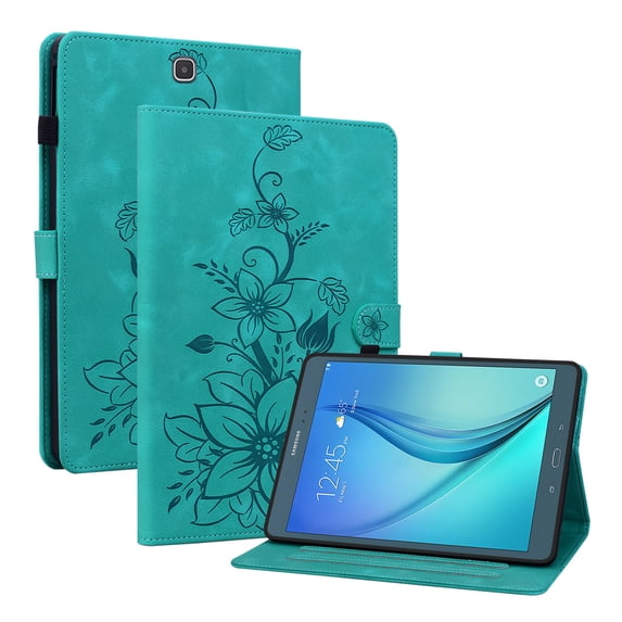 FJLBDE Case for Samsung Galaxy Tab S2 9.7 inch 2015 SM-T810, Embossed Flower PU Leather Flip Wallet Folio Stand Cover, Green