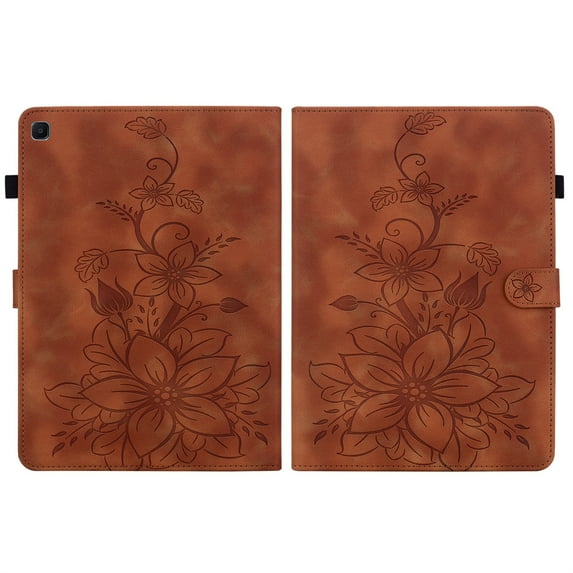 FJLBDE Case for Samsung Galaxy Tab S6 Lite 10.4 Inch 2024/2022/2020, Embossed Flower PU Leather Flip Wallet Folio Stand Cover, Brown