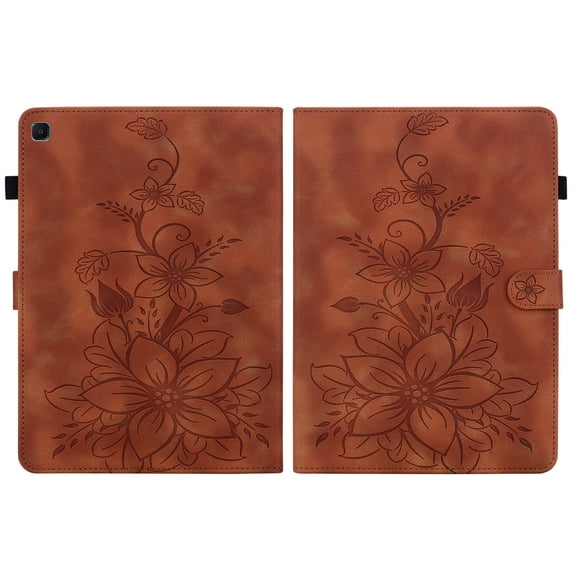 FJLBDE Case for Samsung Galaxy Tab S6 Lite 10.4 Inch 2024/2022/2020, Embossed Flower PU Leather Flip Wallet Folio Stand Cover, Brown