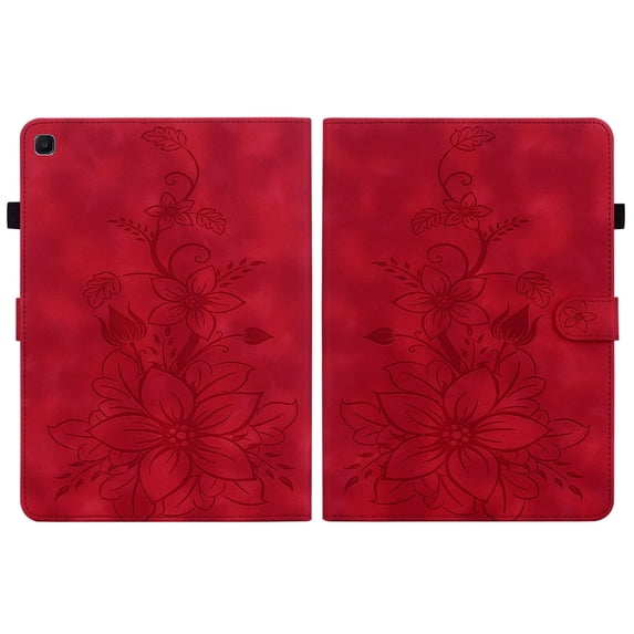 FJLBDE Case for Samsung Galaxy Tab S6 Lite 10.4 Inch 2024/2022/2020, Embossed Flower PU Leather Flip Wallet Folio Stand Cover, Red