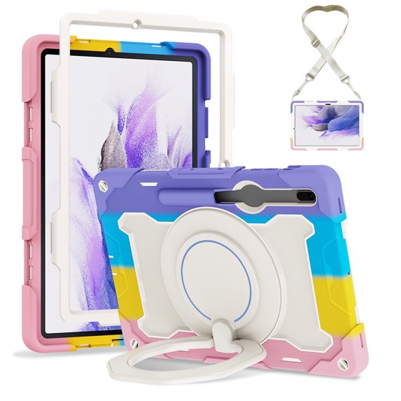 FJLBDE Case for Samsung Galaxy Tab S8 Plus 2022/S7 FE 2021/S7 Plus 2020 12.4-Inch with 360 Kickstand, Shoulder Strap Carrying Cover, Multicolor Pink