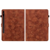 FJLBDE Case for Samsung Galaxy Tab S8 Plus/S7 FE/S7 Plus, Embossed Flower PU Leather Flip Wallet Folio Stand Cover, Brown