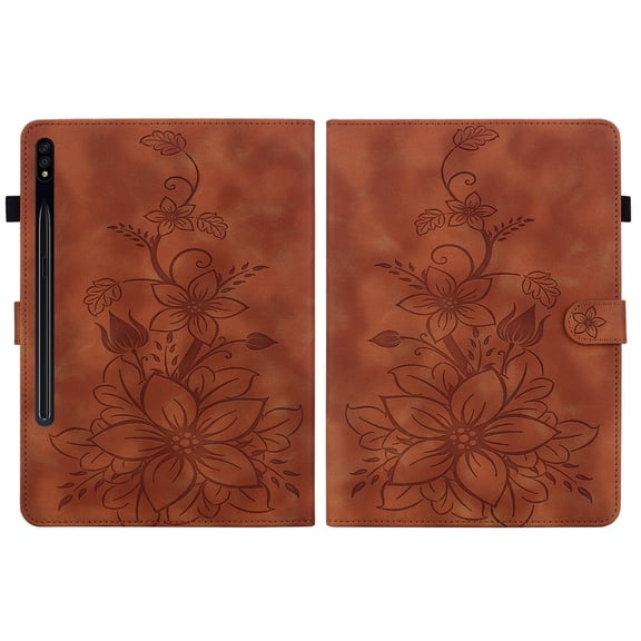 FJLBDE Case for Samsung Galaxy Tab S8 Plus/S7 FE/S7 Plus, Embossed Flower PU Leather Flip Wallet Folio Stand Coverr, Brown