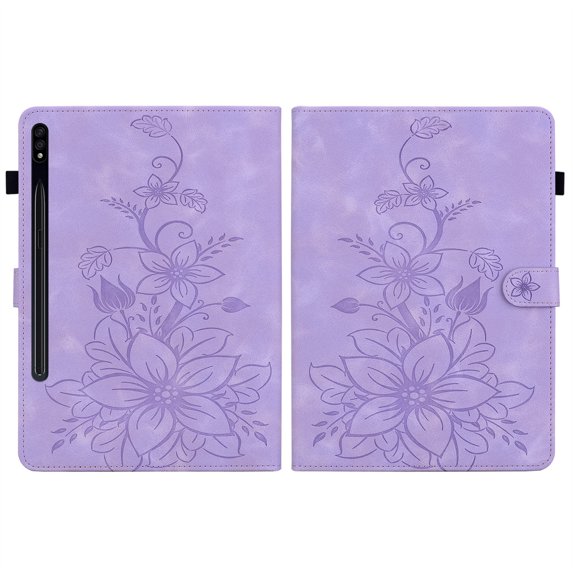 FJLBDE Case for Samsung Galaxy Tab S8 Plus/S7 FE/S7 Plus, Embossed Flower PU Leather Flip Wallet Folio Stand Cover, Purple