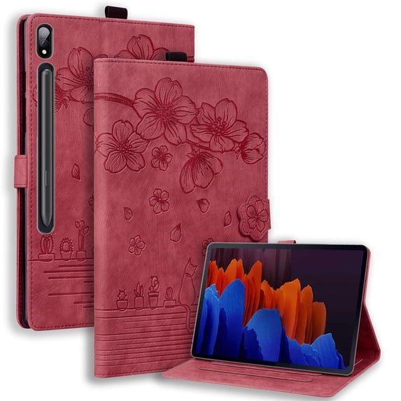 FJLBDE Case for Samsung Galaxy Tab S9 FE+ / S9 FE Plus 12.4 Inch with Stand, Card Slot, Embossed Cat PU Leather Cover, Red