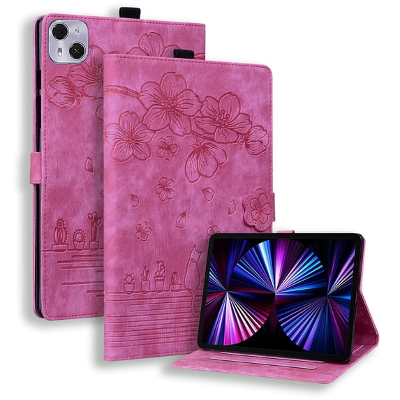 FJLBDE Case for Tecno MEGAPAD Pro 12 Inch 2025 with Stand, Card Slot, Embossed Flower PU Leather Folio Magnetic Cover with Pen Holder, Rose