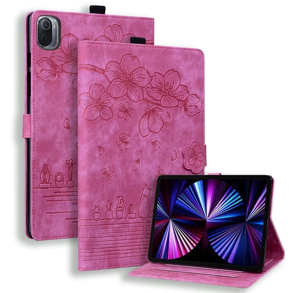 FJLBDE Case for Xiaomi Pad 7/Xiaomi Pad 7 Pro 11.2 inch 2024 with Stand, Card Slot, Embossed Cat PU Leather Folio Magnetic Cover, Rose