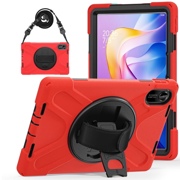 For Xiaomi Redmi Pad 2 Case 11 inch 2025, 360 Hand Strap, Shoulder Strap, Kickstand, Rugged Drop Protection, Red