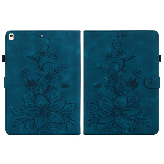FJLBDE Case for iPad 9.7 Inch 6th/5th Generation 2018 2017, Embossed Flower Leather Flip Wallet Folio Stand Cover, Blue