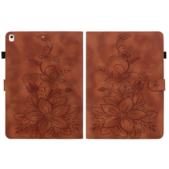 FJLBDE Case for iPad 9.7 Inch 6th/5th Generation 2018 2017, Embossed Flower Leather Flip Wallet Folio Stand Cover, Brown