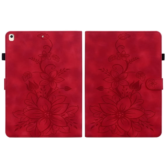 FJLBDE Case for iPad 9.7 Inch 6th/5th Generation 2018 2017, Embossed Flower Leather Flip Wallet Folio Stand Cover, Red