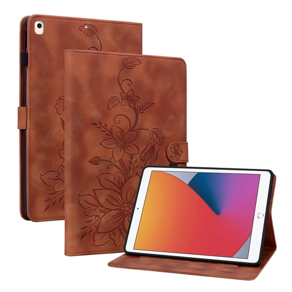 FJLBDE Case for iPad 9th 8th 7th Gen 10.2 inch 2021 2020 2019, Embossed Flower PU Leather Flip Wallet Folio Stand Cover, Brown