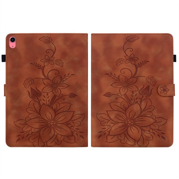 FJLBDE Case for iPad (A16) 11th Gen 2025/ iPad 10th Gen 10.9 Inch 2022, Embossed Flower Leather Flip Wallet Folio Stand Cover, Brown