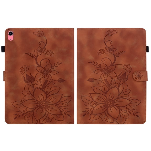 FJLBDE Case for iPad (A16) 11th Gen 2025/ iPad 10th Gen 10.9 Inch 2022, Embossed Flower Leather Flip Wallet Folio Stand Cover, Brown