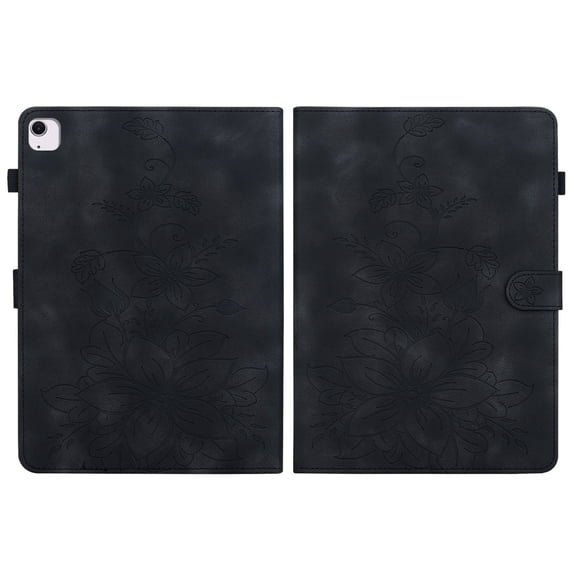 Case for iPad Air 11 inch M3 2025/M2 2024 (7th/6th Gen), Embossed Flower PU Leather Flip Wallet Folio Stand Cover, Black