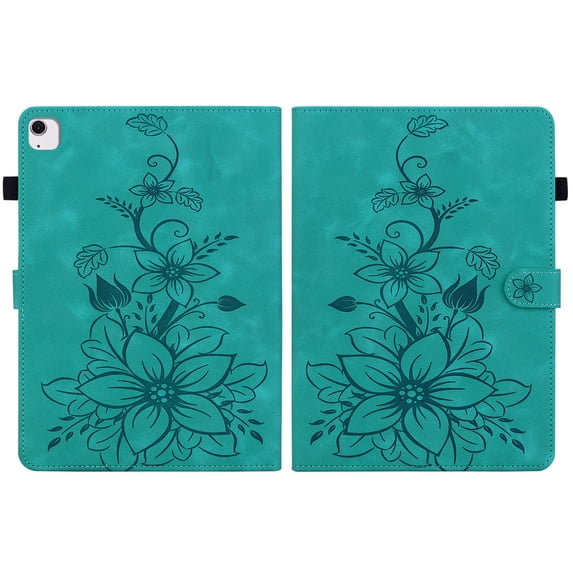 FJLBDE Case for iPad Air 11 Inch M3 2025/M2 2024 (7th/6th Gen), Embossed Flower PU Leather Flip Wallet Folio Stand Cover, Green