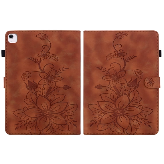 FJLBDE Case for iPad Air 13 Inch M3 2025 / M2 2024 (3rd/4th Gen), Embossed Flower Leather Flip Wallet Folio Stand Cover, Brown