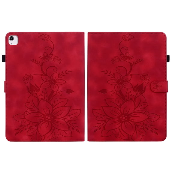 FJLBDE Case for iPad Air 13 Inch M3 2025 / M2 2024 (3rd/4th Gen), Embossed Flower Leather Flip Wallet Folio Stand Cover, Red