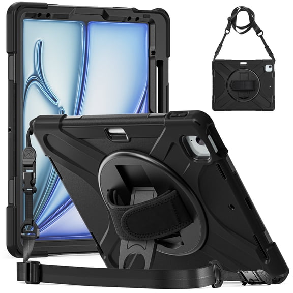 For iPad Air 13 inch / iPad Pro 12.9 inch 6th/ 5th/ 4th/ 3rd Case, 360 Hand Strap, Shoulder Strap, Kickstand, Rugged Drop Protection, Black
