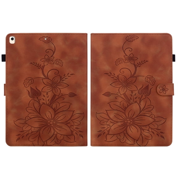 FJLBDE Case for iPad Air 3rd Gen 2019 / iPad Pro 2017 10.5 inch, Embossed Flower PU Leather Flip Wallet Folio Stand Cover, Brown