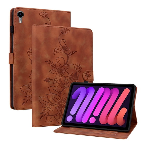 FJLBDE Case for iPad Mini 7 A17 Pro 2024/Mini 6 2021 8.3 Inch 7th/6th Gen, Embossed Flower Leather Flip Wallet Folio Stand Cover, Brown