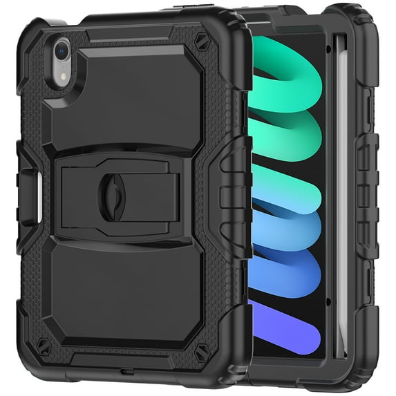 FJLBDE Case for iPad Mini 7 A17 Pro 2024/Mini 6 2021 8.3 Inch 7th/6th Gen, Rugged Shockproof Tablet Cases Cover with Kickstand Shoulder Strap, Black