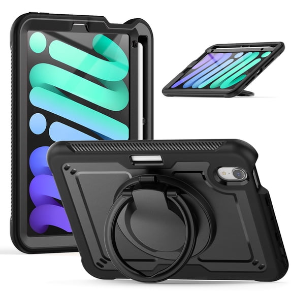 Case for iPad Mini 7th/6th Generation 8.3 inch 2024/2021 with 360 Rotating Stand, Shoulder Strap, Heavy Duty Shockproof Cover, Black