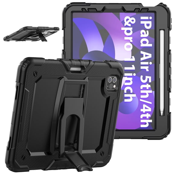 FJLBDE Case for iPad Pro 11 Inch 2022/2021/2020/2018 4th/3rd/2nd/1st Gen, Rugged Shockproof Tablet Cases Cover with Kickstand, Black