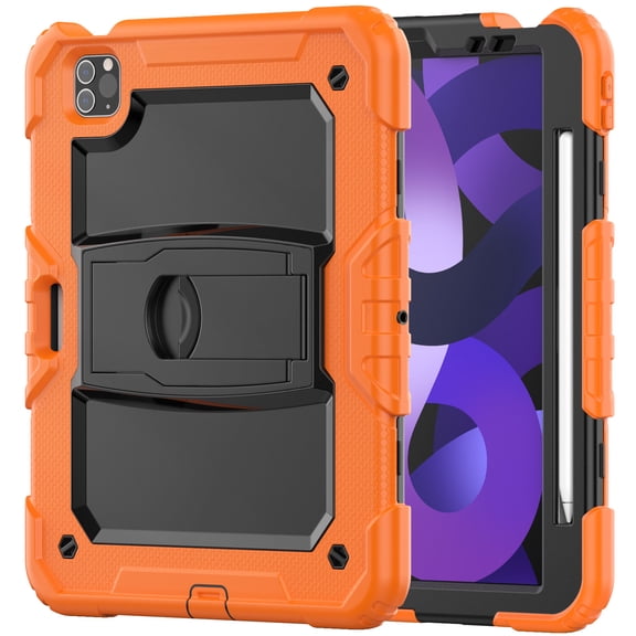 Case for iPad Pro 11 inch 2022/2021/2020/2018 4th/3rd/2nd/1st Gen, Rugged Shockproof Tablet Cases Cover with Kickstand Shoulder Strap, Orange