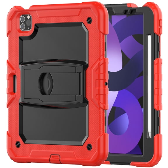 Case for iPad Pro 11 inch 2022/2021/2020/2018 4th/3rd/2nd/1st Gen, Rugged Shockproof Tablet Cases Cover with Kickstand Shoulder Strap, Red