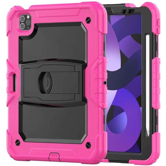FJLBDE Case for iPad Pro 11 Inch 2022/2021/2020/2018 4th/3rd/2nd/1st Gen, Rugged Shockproof Tablet Cases Cover with Kickstand Shoulder Strap, Rose