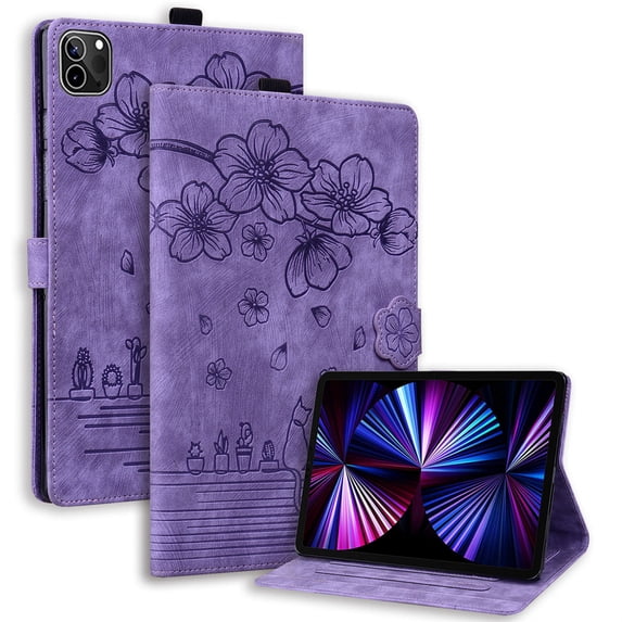 Case for iPad Pro 11 inch 2022/2021/2020/2018 with Stand, Card Slot, Auto Wake/Sleep, Embossed Cat PU Leather Cover, Purple