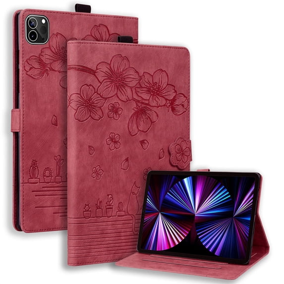Case for iPad Pro 11 inch 2022/2021/2020/2018 with Stand, Card Slot, Auto Wake/Sleep, Embossed Cat PU Leather Cover, Red