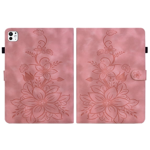 FJLBDE Case for iPad Pro 11 Inch (M4 2024/M5 2025), Embossed Flower PU Leather Flip Wallet Folio Stand Cover, Pink