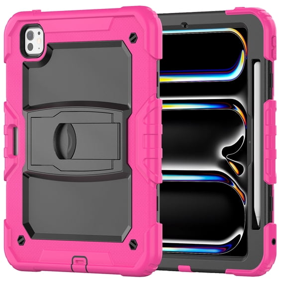 FJLBDE Case for iPad Pro 11 Inch (M4 2024/M5 2025), Rugged Shockproof Tablet Cases Cover with Kickstand Shoulder Strap, Rose